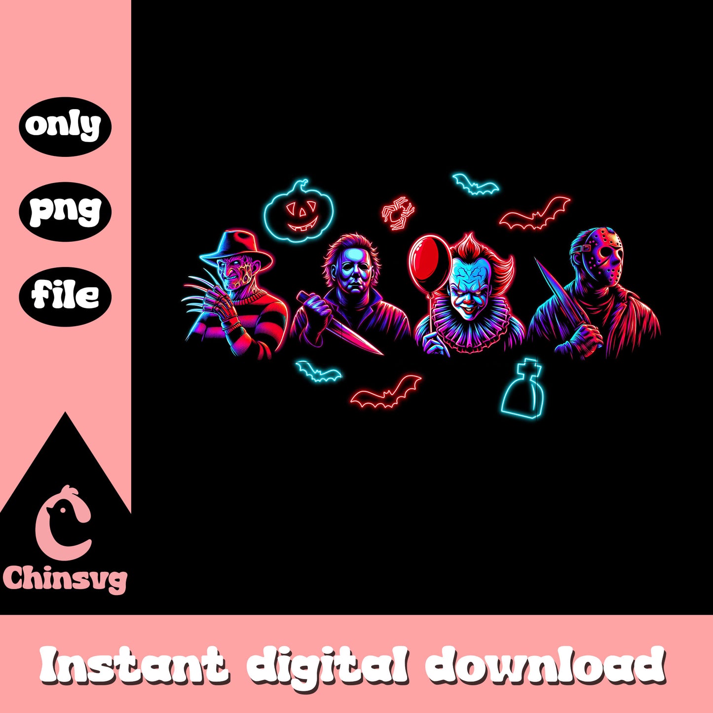 Spooky characters halloween neon design png, scary films png