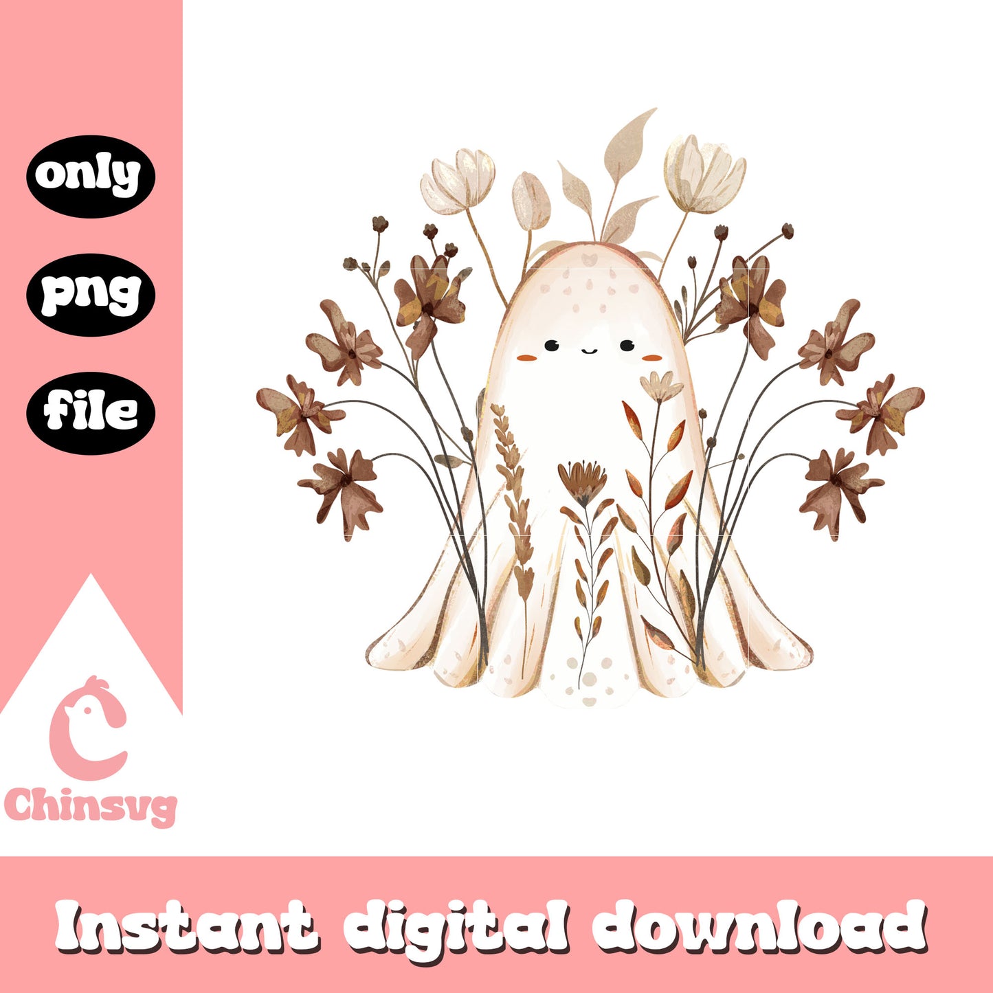 Spooky ghost and flower design png, halloween movies png
