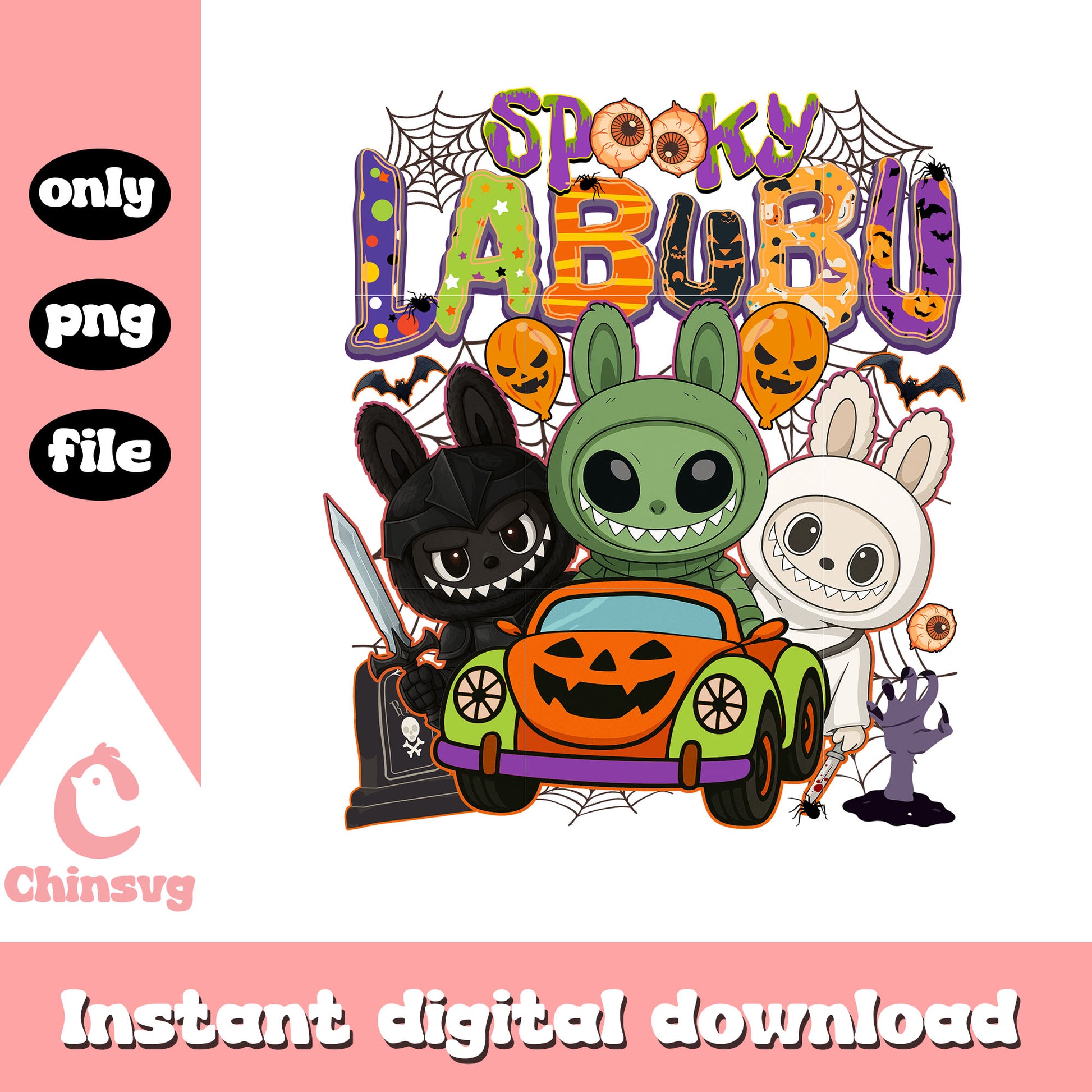 Spooky labubu alien charaters car png, halloween decoration png