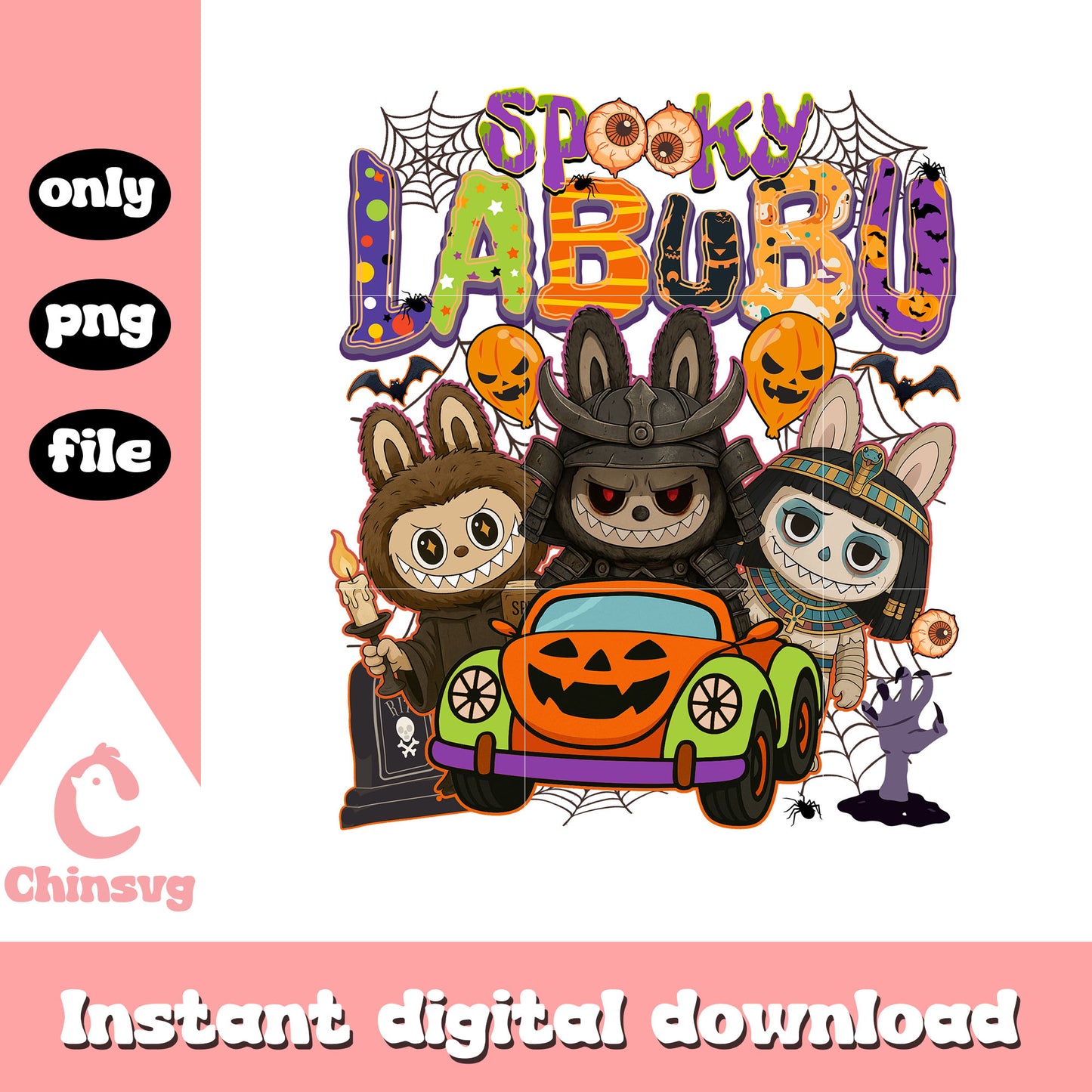 Spooky labubu character doll car halloween art png, labubu dolls png