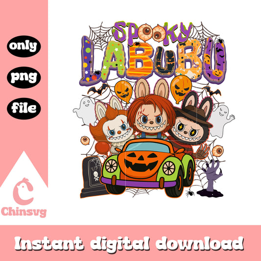 Spooky labubu character doll car halloween design png, labubu png
