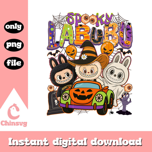 Spooky labubu character doll car halloween png, labubu cartoon png