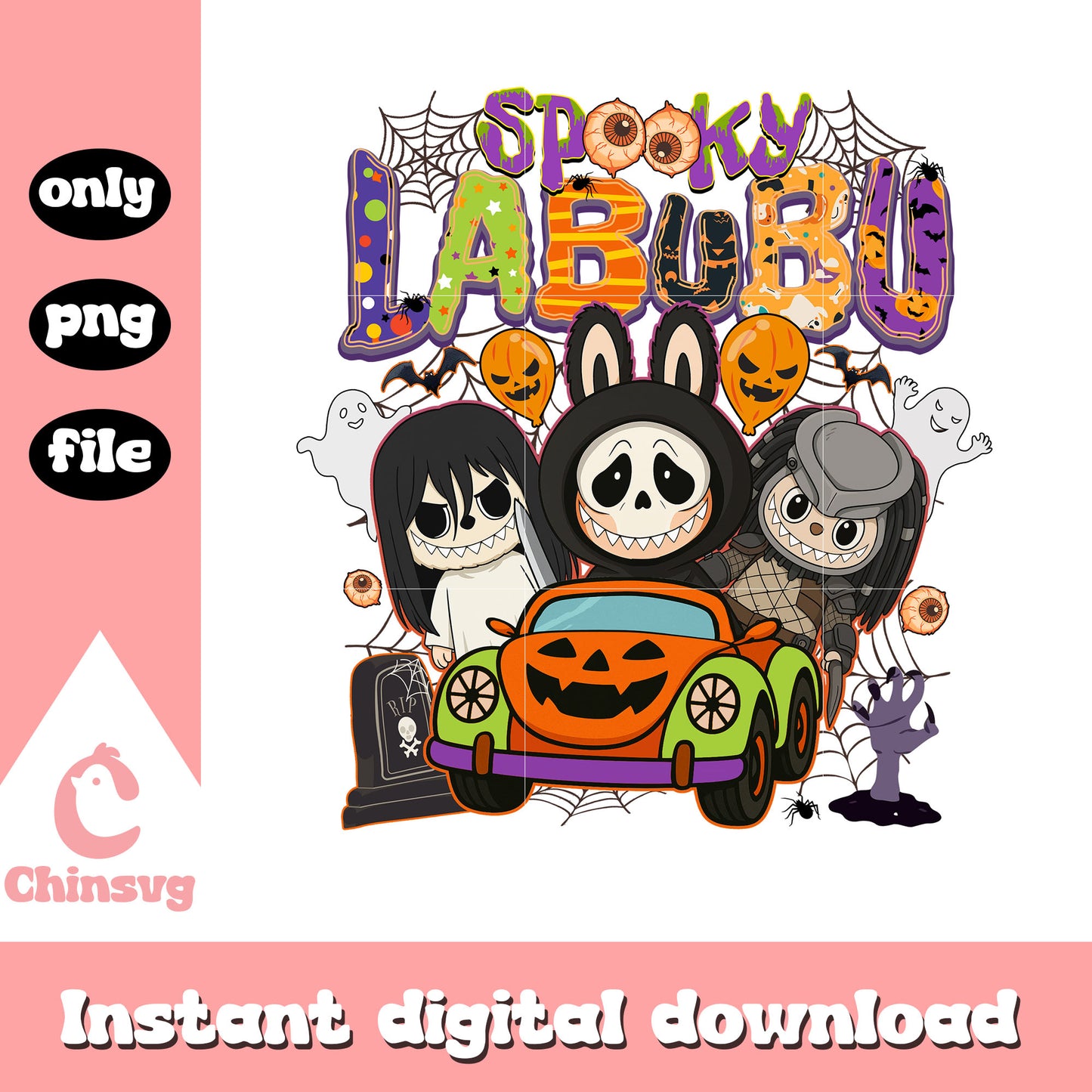 Spooky labubu ghost monsters car clipart png, monsters halloween png