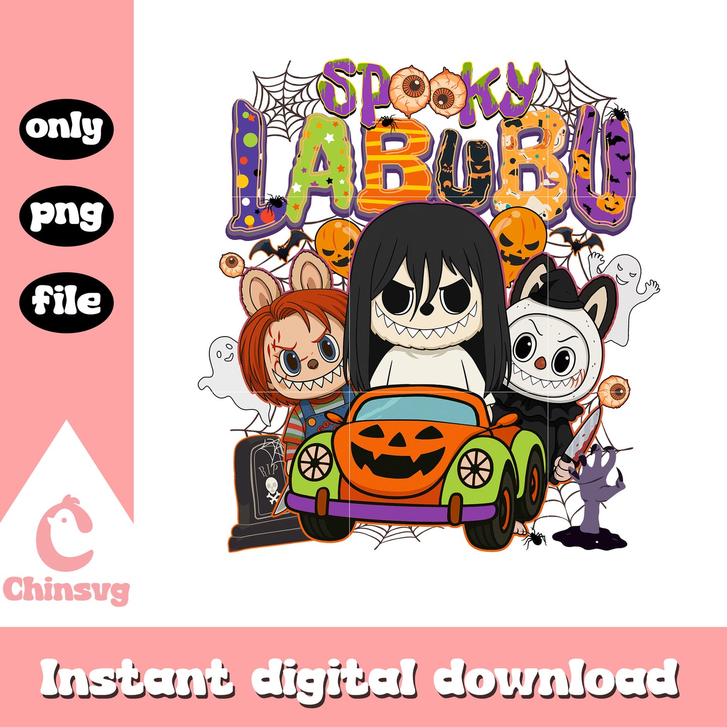 Spooky labubu ghost pumpkin car art png, trick or treat png