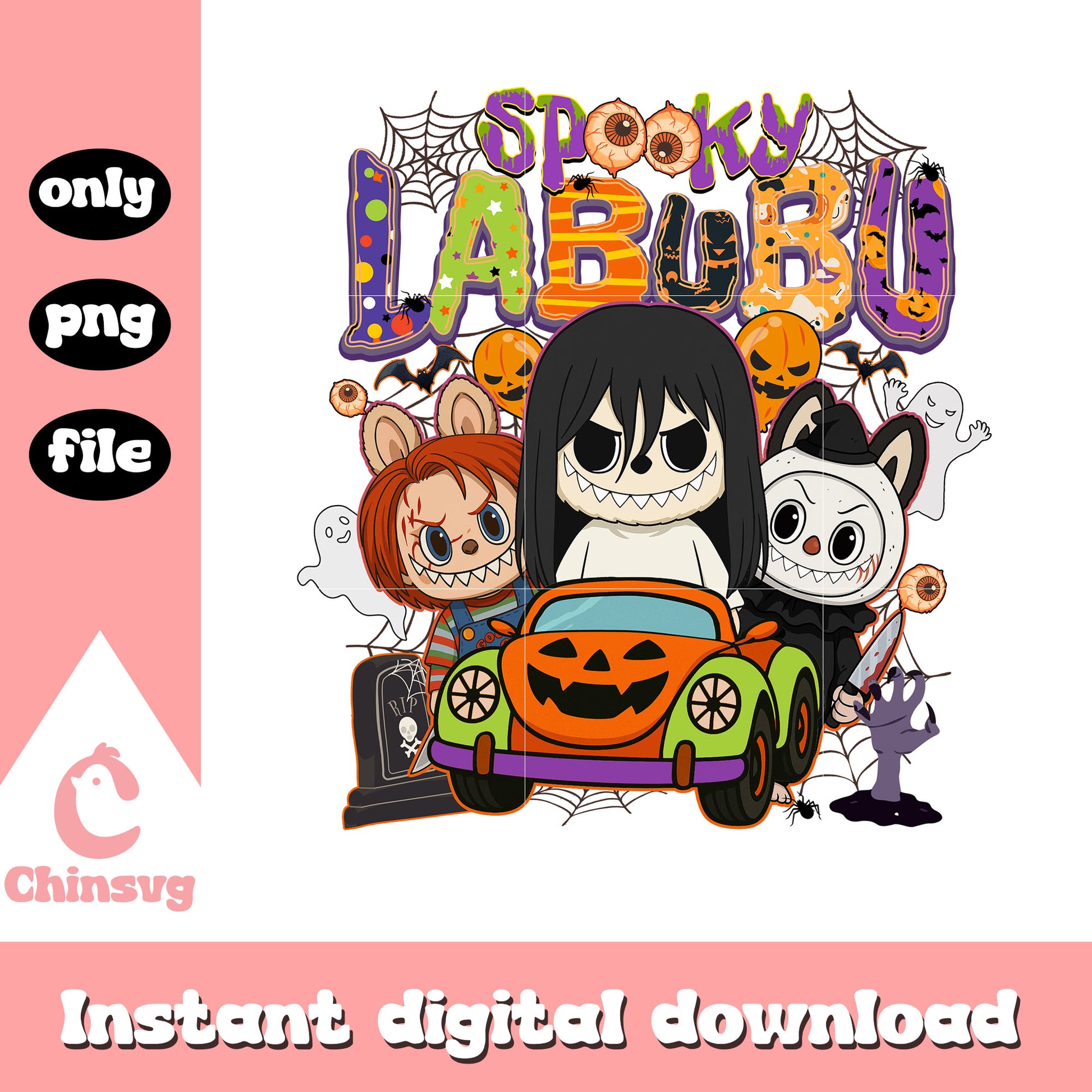 Spooky labubu ghost pumpkin car art png, trick or treat png