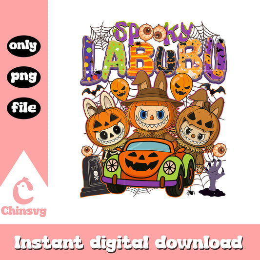 Spooky labubu horror monsters pumpkin car art png, halloween design png