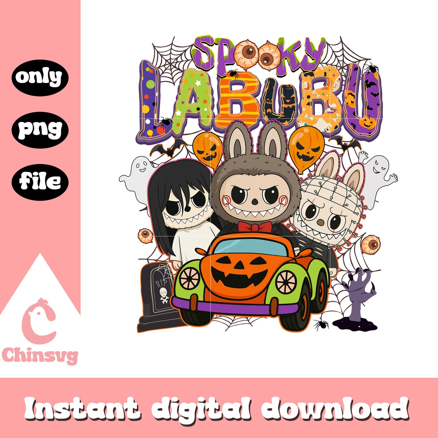 Spooky labubu monsters pumpkin car art png, halloween clipart png