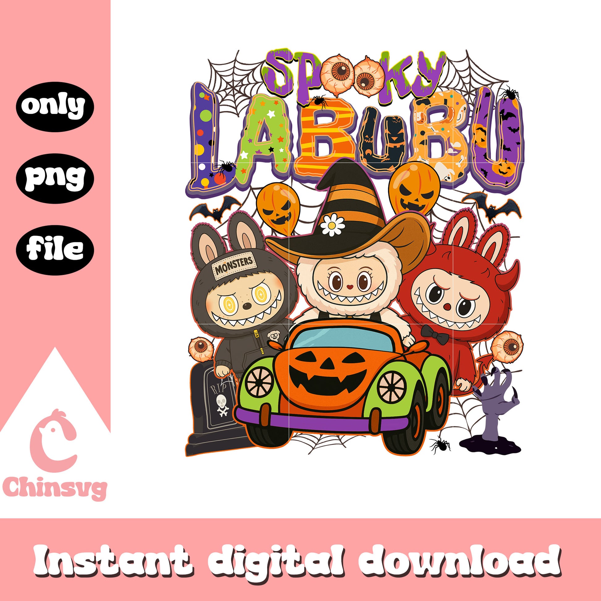 Spooky labubu monsters pumpkin car design png, halloween art png