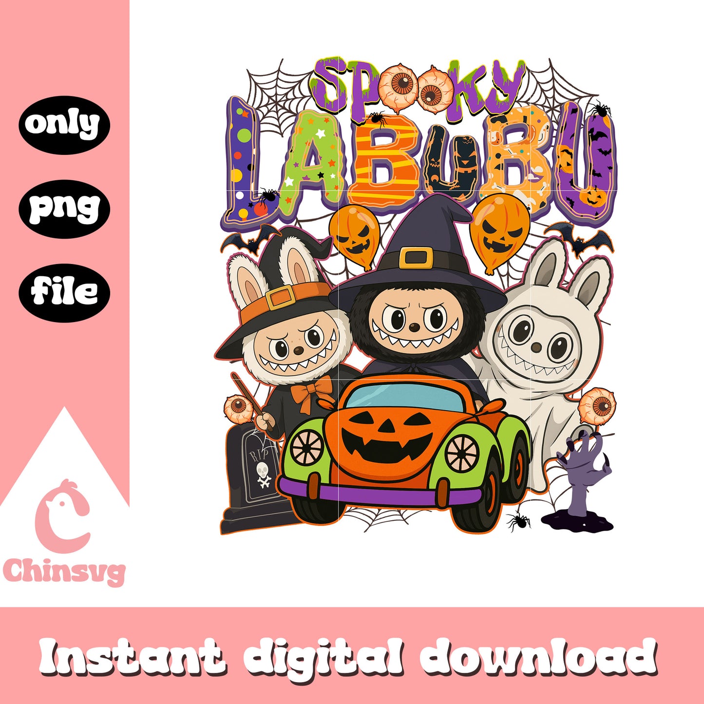 Spooky labubu witches pumpkin car art png, trick or treat halloween png