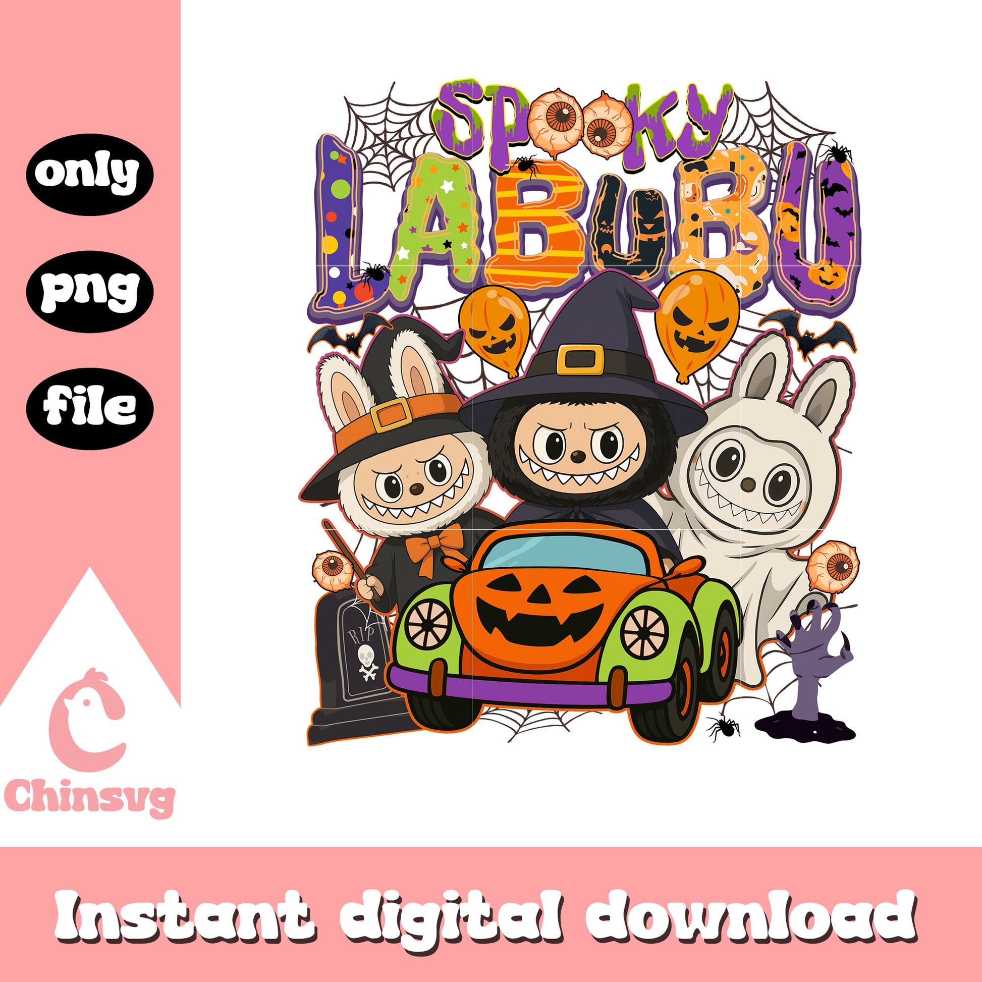 Spooky labubu witches pumpkin car art png, trick or treat halloween png