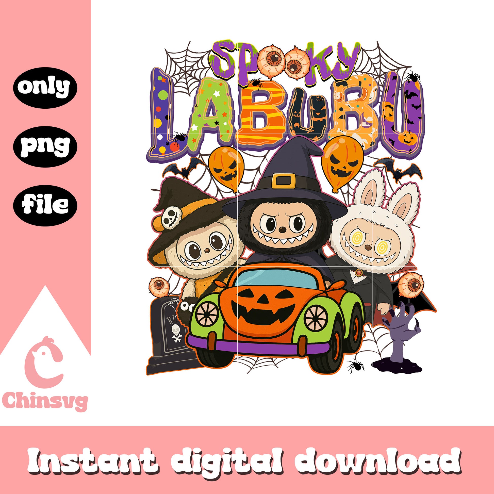 Spooky labubu witches pumpkin car png, halloween trick or treat png
