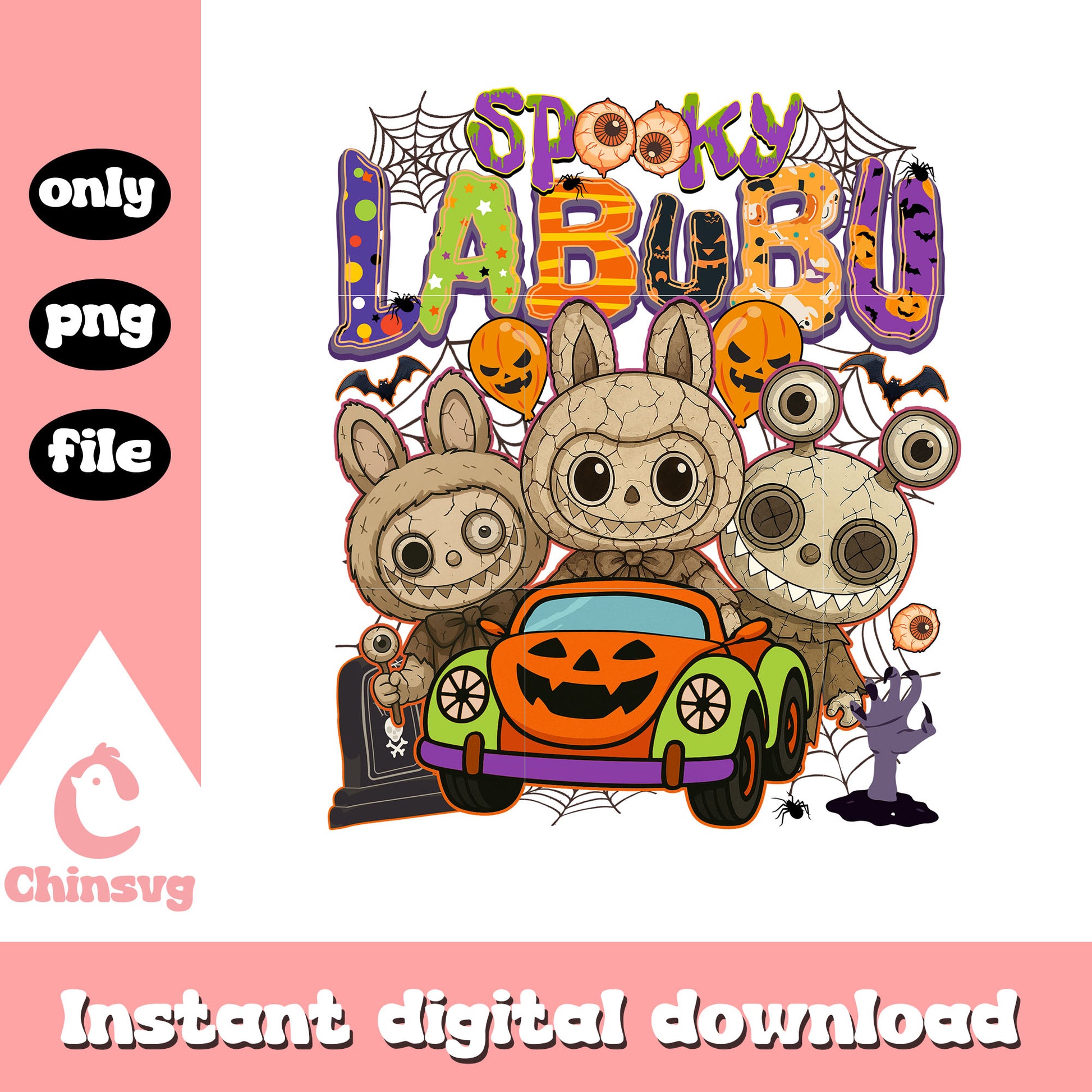 Spooky labubu zombie charaters car png, halloween decor png