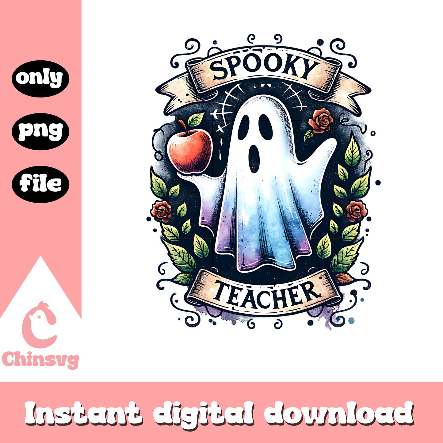 Spooky teacher ghost vintage design png, apple png