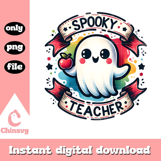 Spooky teacher ghost with apple png, cute ghost png