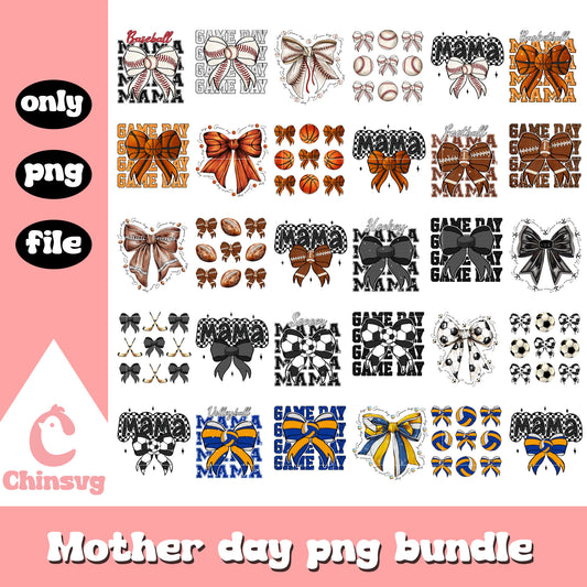 Sports bow costume mother day bundle png, sports png, mother's day png