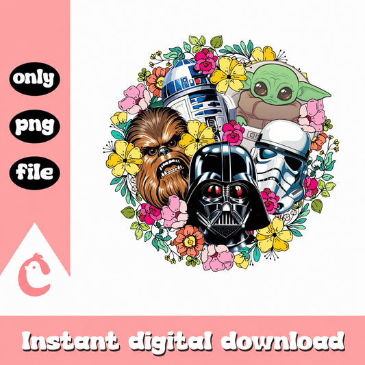 Star Wars Floral Characters PNG, Darth Vader Baby Yoda PNG, Star Wars PNG