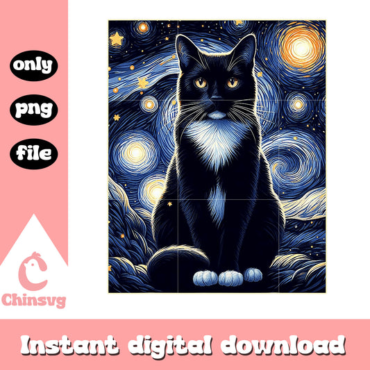 Starry night and bllack cat design png, black cat png, staary night png