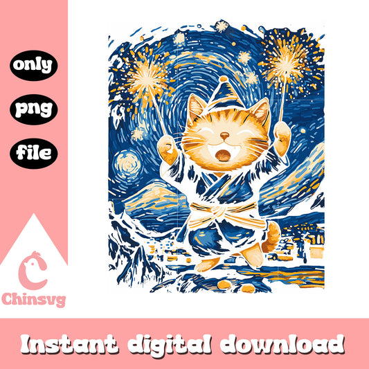 Starry night cat design png, cat png, Vincent Van Gogh png