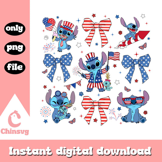 Stitch 4th of july bow png, Stitch independence red and blue bow png