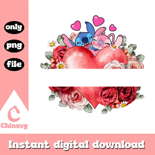 Stitch Angel heart and roses png, disney couple png, valentine png