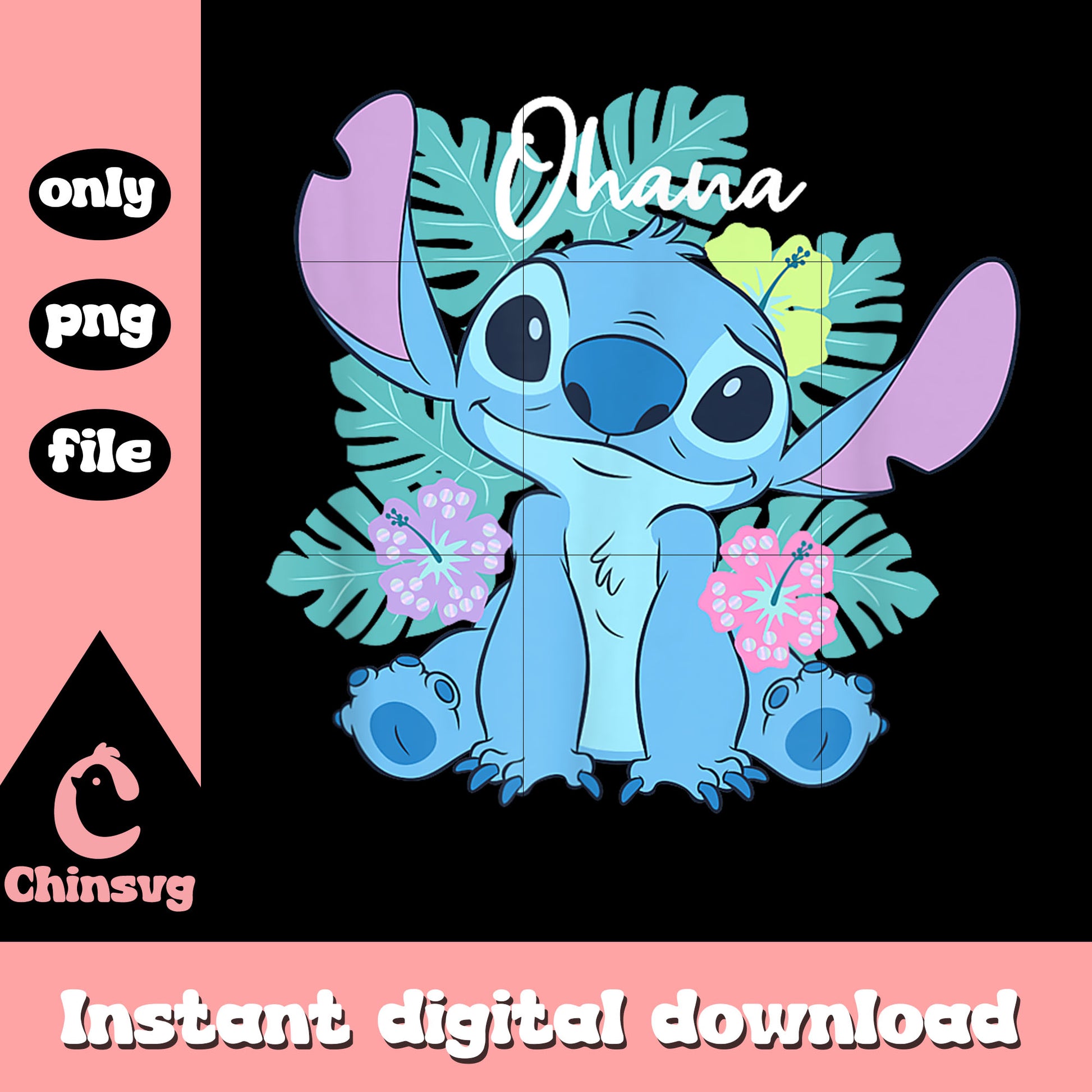 Stitch Ohana Adorable Pose Leaf png, stitch hawaii floral png