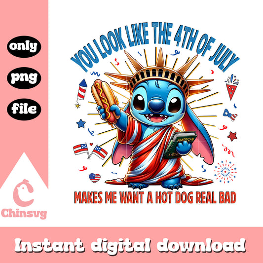 Stitch Statue of Liberty 4th of july png, Stitch usa hot dog png