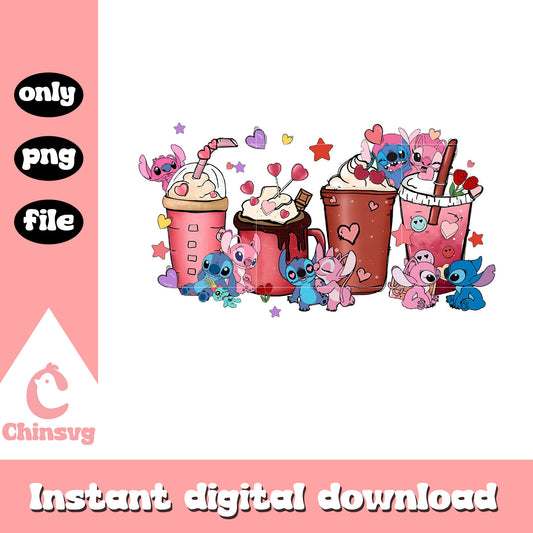 Stitch and Angel coffee cup design png, coffee cup png, stitch png