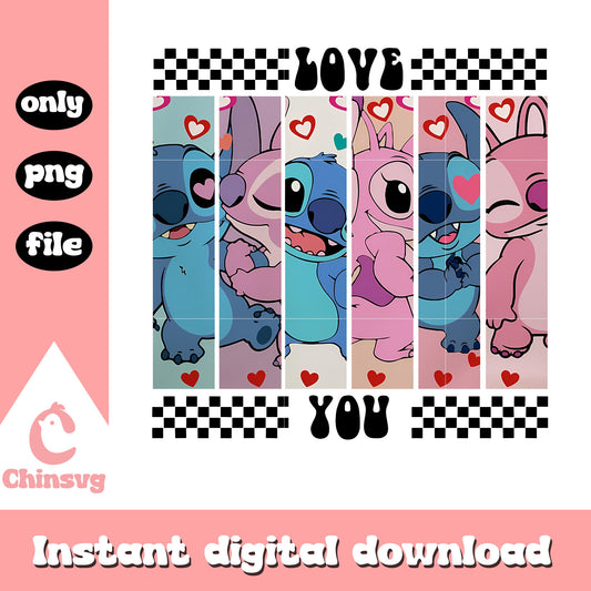 Stitch and Angel love you png, disney valentines png, stitch png
