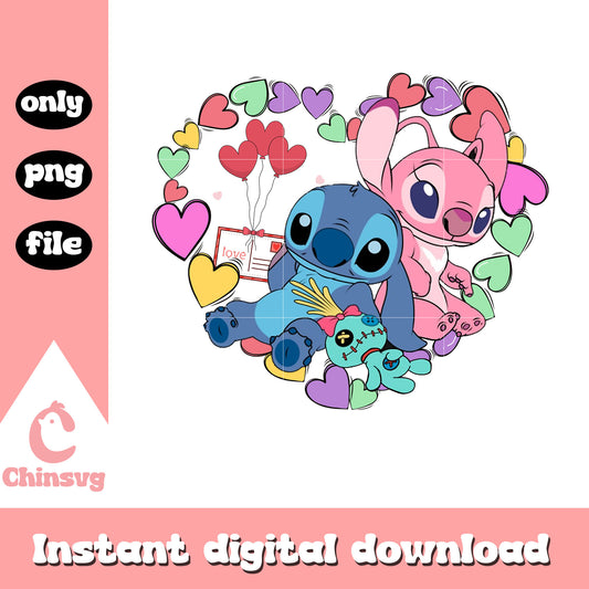 Stitch and angel heart shape design png, couple png, valentine png