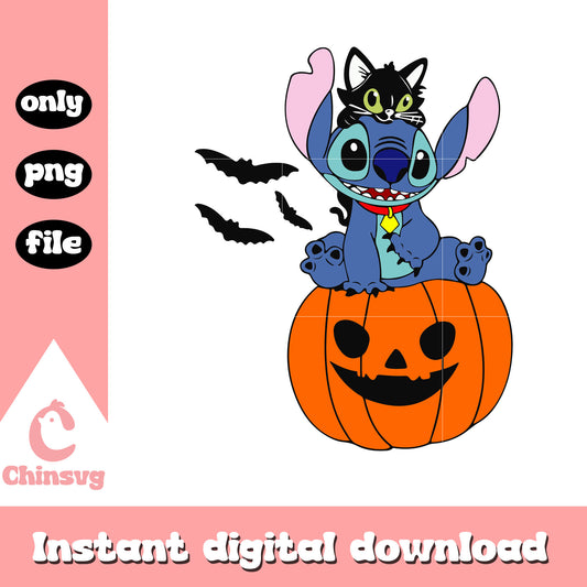Stitch and black cat on pumpkin png, disney halloween png, stitch png