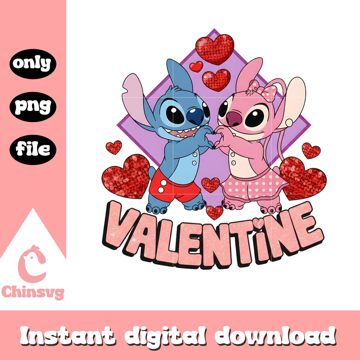 Stitch angel glitter hearts png, stitch valentine​​​​​ png