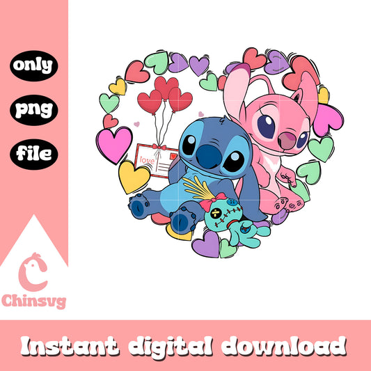 Stitch angel heart shape ng, valentines png, disney couple png