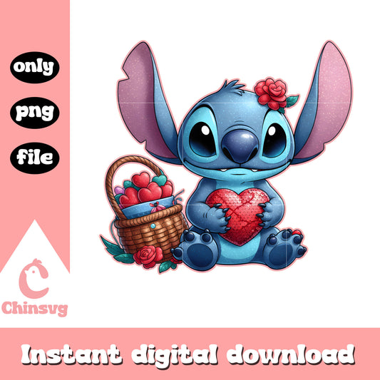 Stitch basket hearts cartoon png, stitch valentines day​​​​​​ png