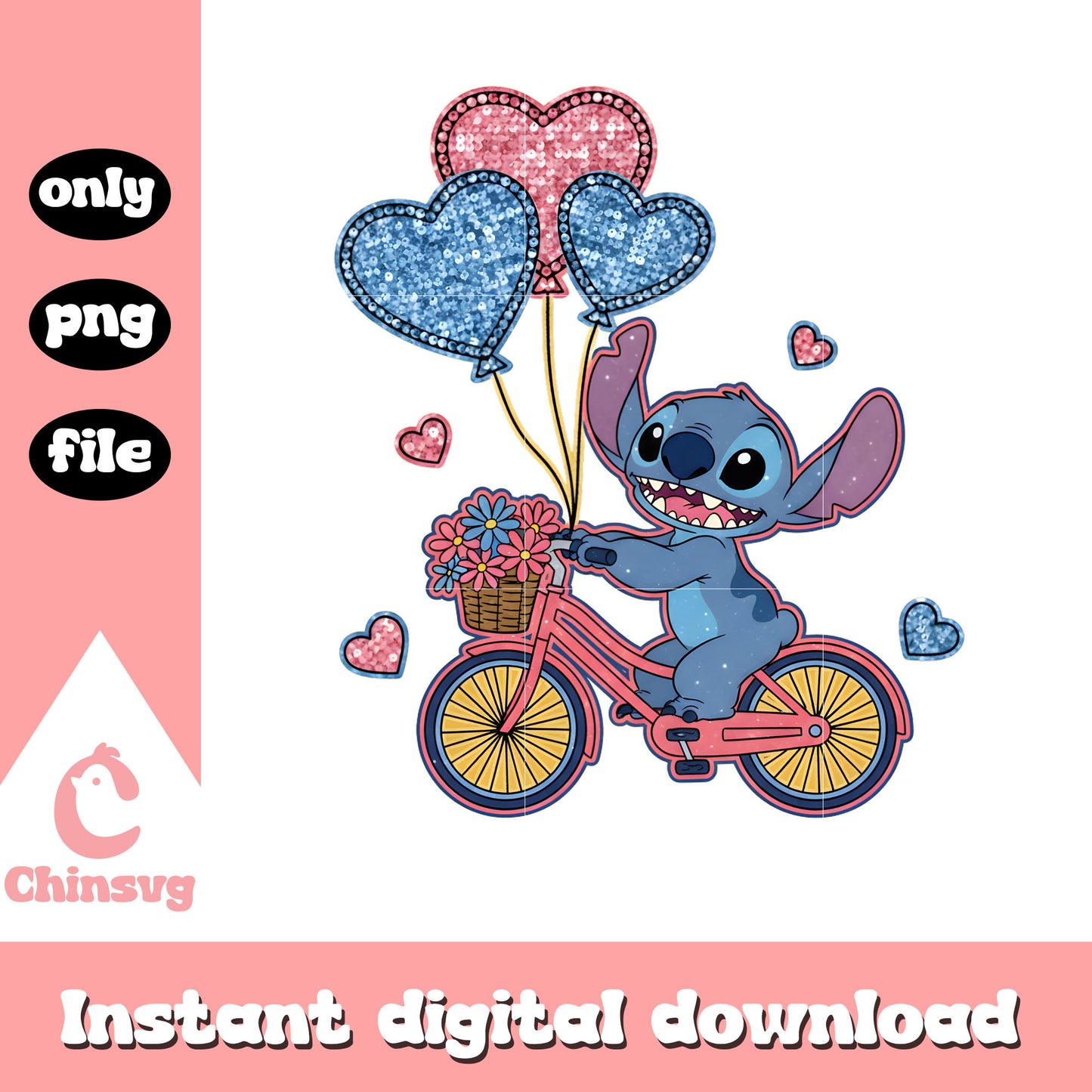 Stitch bicycle balls hearts png, stitch valentines day​​​​​​ png