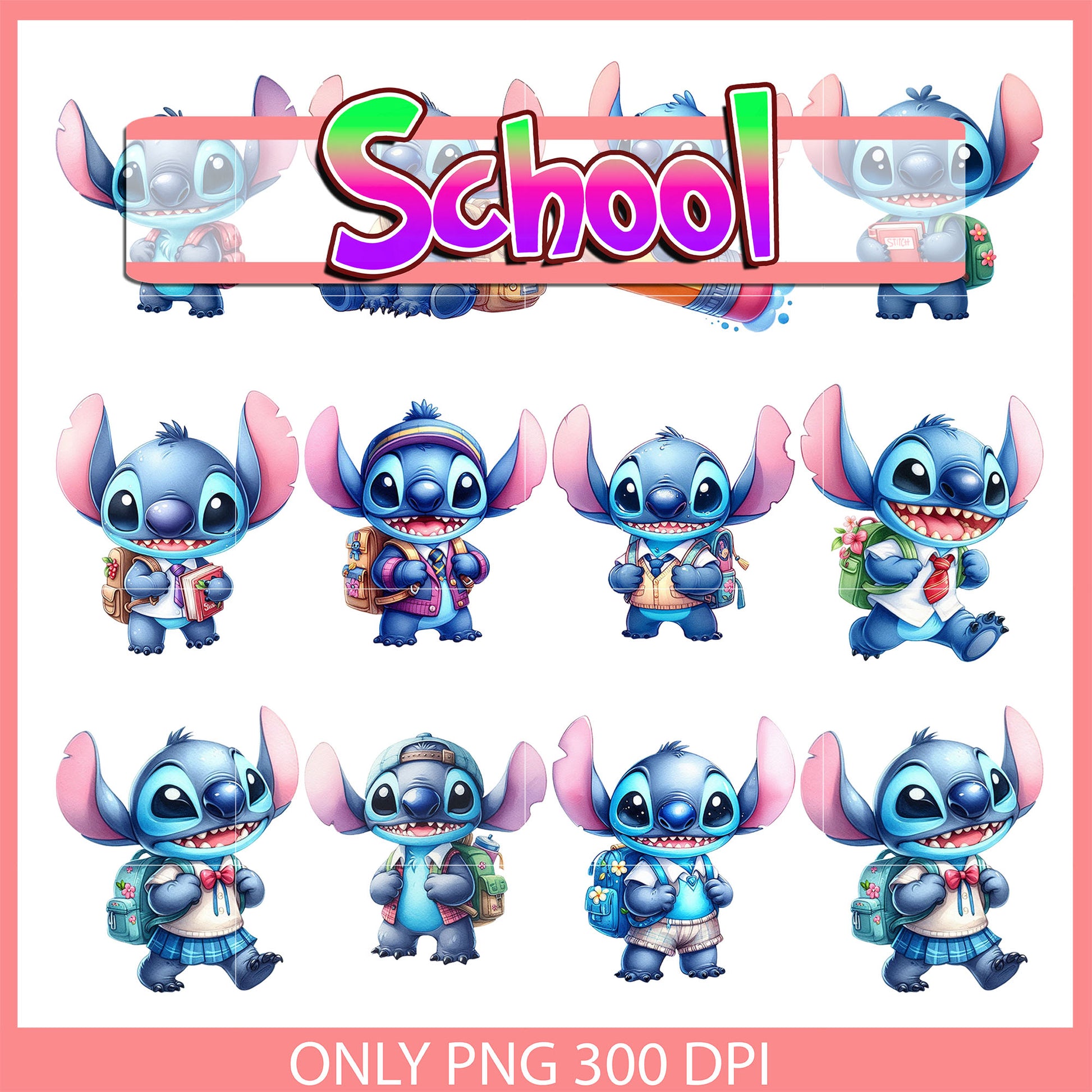 Stitch character back to school design bundle png, disney stitch png