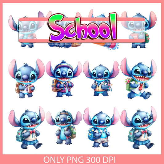 Stitch character back to school design bundle png, disney stitch png