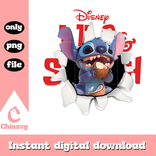 Stitch coconut break paper png, Stitch holding coconut png
