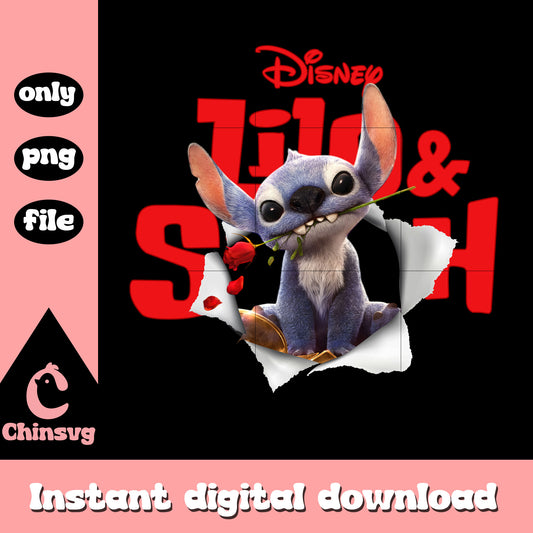 Stitch cute holding rose break paper png, stitch live action png