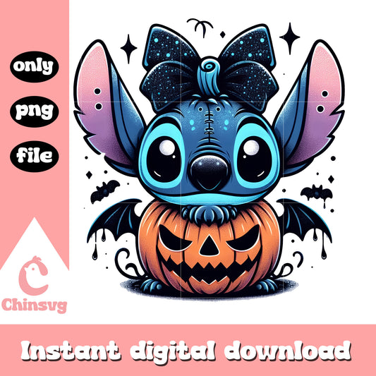 Stitch face coquette bow pumpkin png, halloween disney png