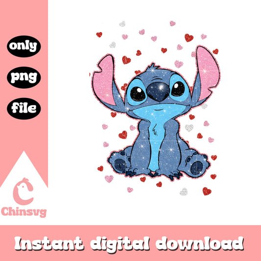 Stitch glitter hearts valentine png, stitch valentines day png