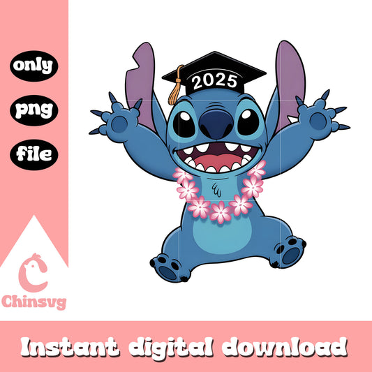 Stitch graduation floral jumping 2025 png, stitch happy graduation png