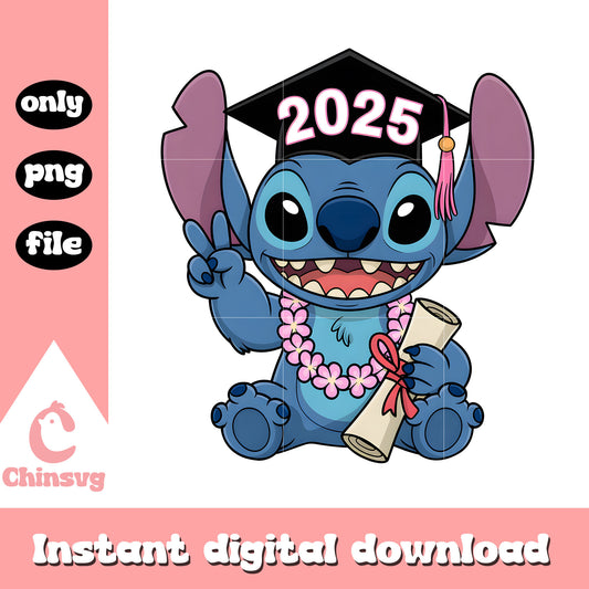 Stitch graduation hand certificate 2025 png, Stitch graduation hat png