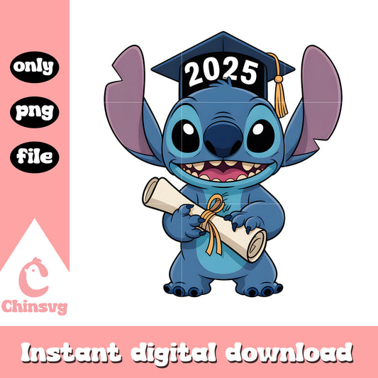Stitch graduation holding certificate 2025 png, stitch cartoon png
