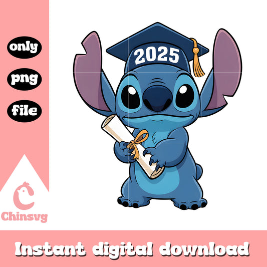 Stitch graduation standing 2025 png, Stitch certificate png