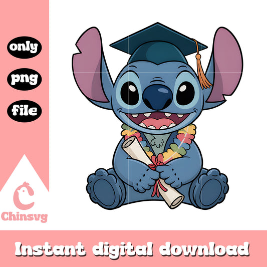 Stitch graduation wreath sitting png, lilo and stitch png