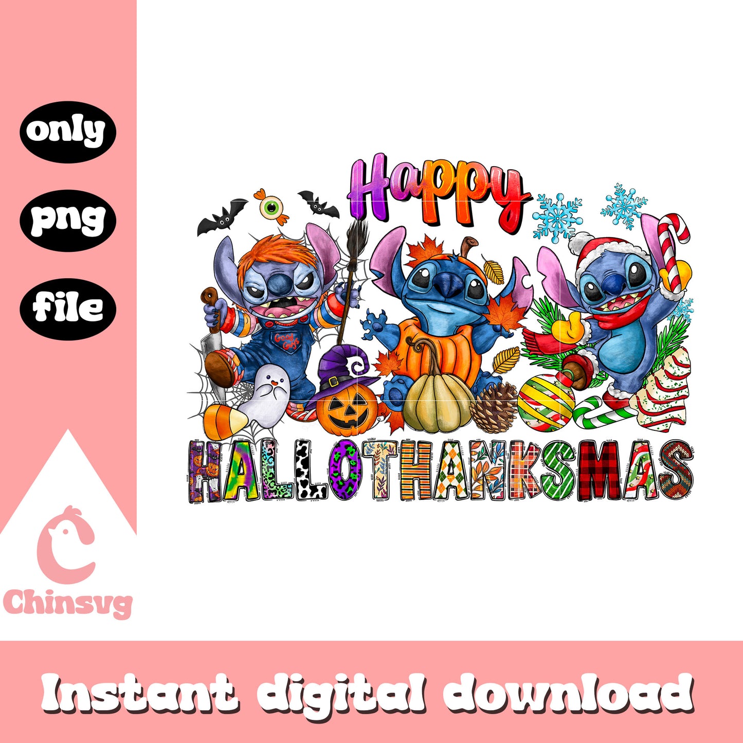 Stitch happy hallothanksmas design png, stitch clipart png