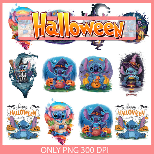 Stitch happy halloween design bundle png, lilo and stitch halloween​ png