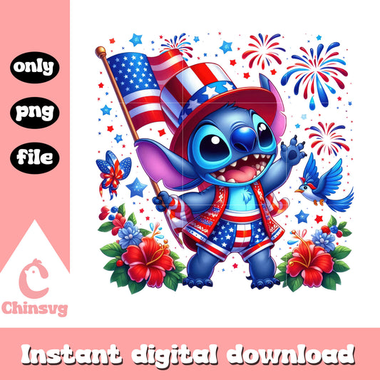 Stitch holding flag independence day png, stitch usa flag png