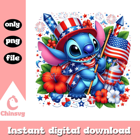 Stitch holding usa day flag hibiscus png, stitch 4th of july png