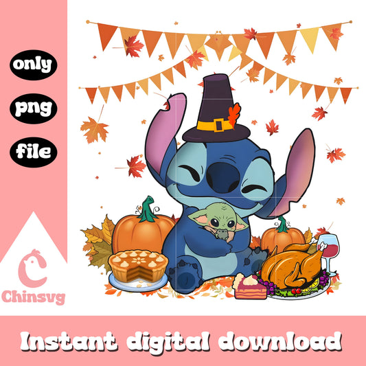 Stitch hugging baby yoda design png, stitch character png